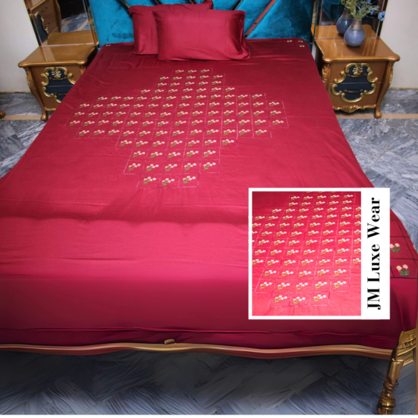 Royal Red Embroidered Bedsheet – Luxurious & Elegant Bedding - Image 2