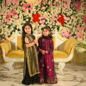 Product 1: Golden & Black Brocade Party Dress – Girls Luxury Wear