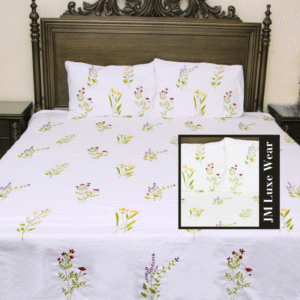 White Botanical Cotton Bed Sheet Set – Fresh Floral Embroidery by JM Luxe Wear