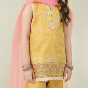 Girls Mustard Embroidered Shalwar Kameez Set – Traditional Festive Wear with Dupatta